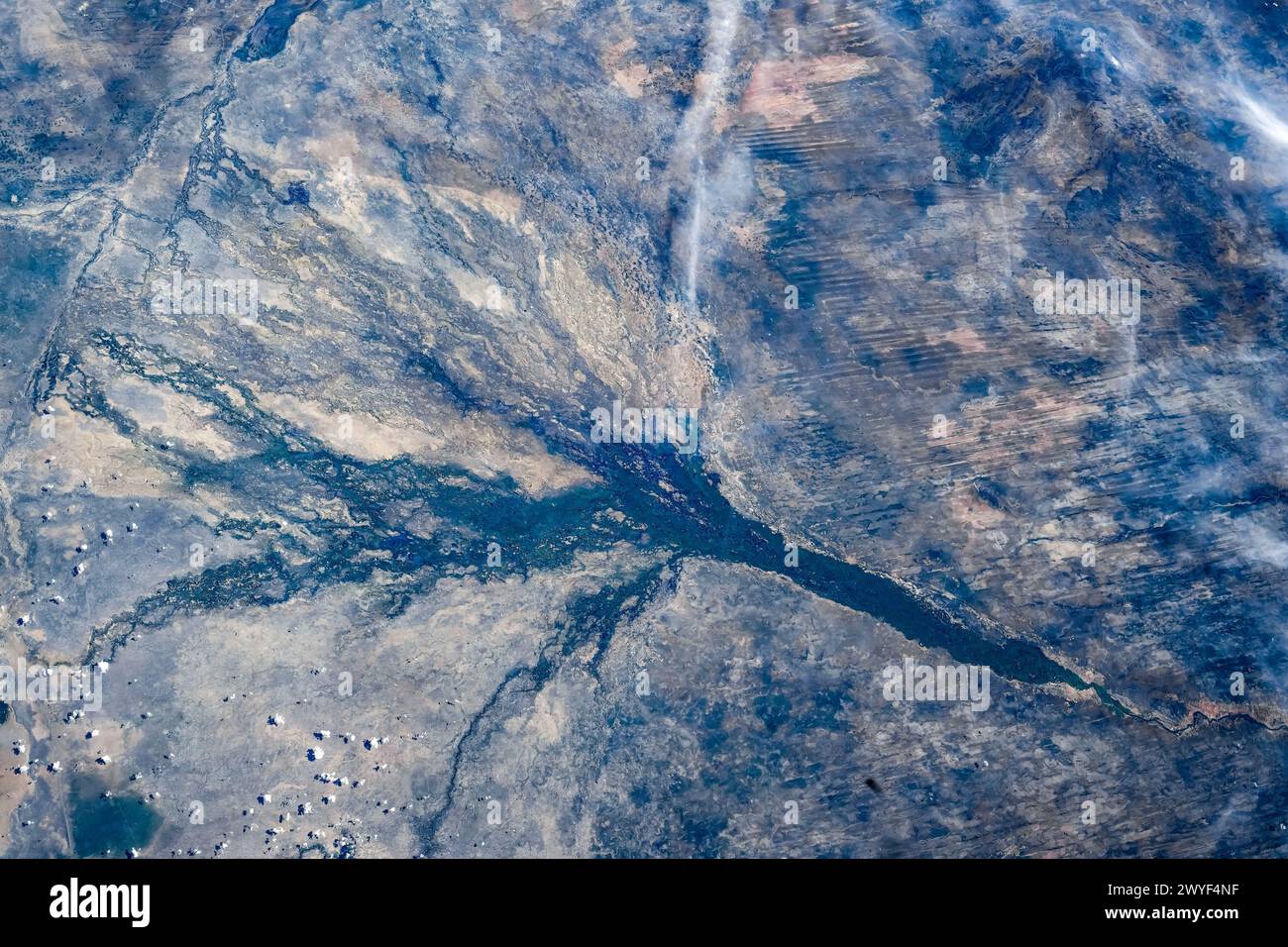 Body of water and land features in Namibia. Digital enhancement of an ...