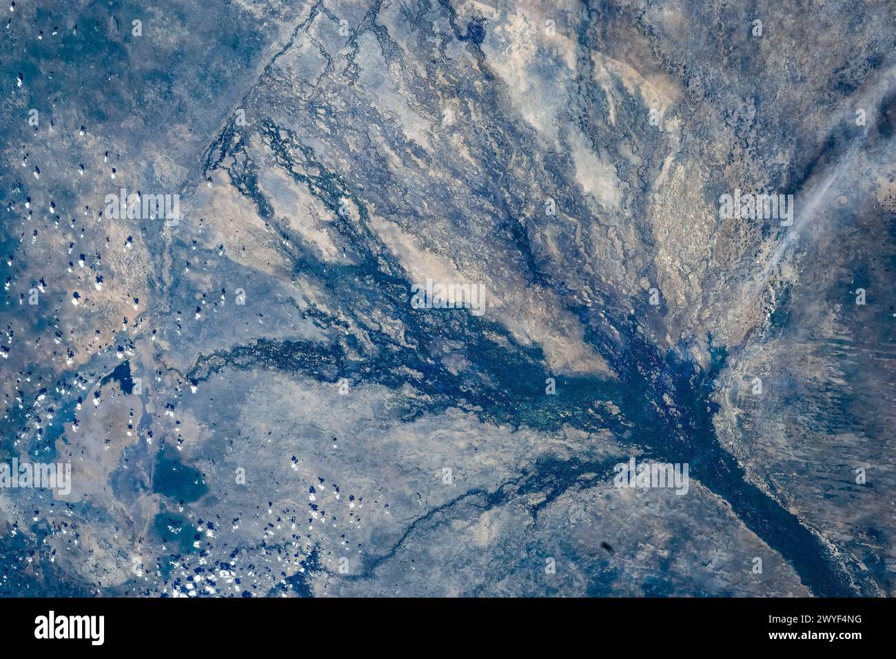 Body of water and land features in Namibia. Digital enhancement of an ...