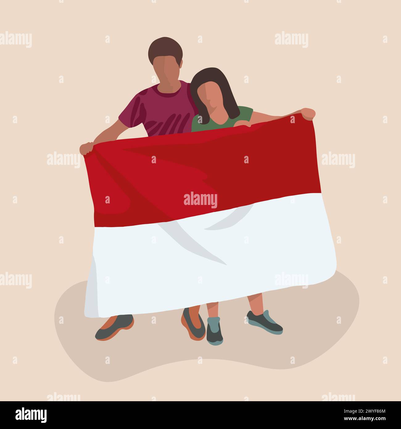 Vector isolated illustration of boy and girl holding Indonesia flag. Independence celebration. Stock Vector