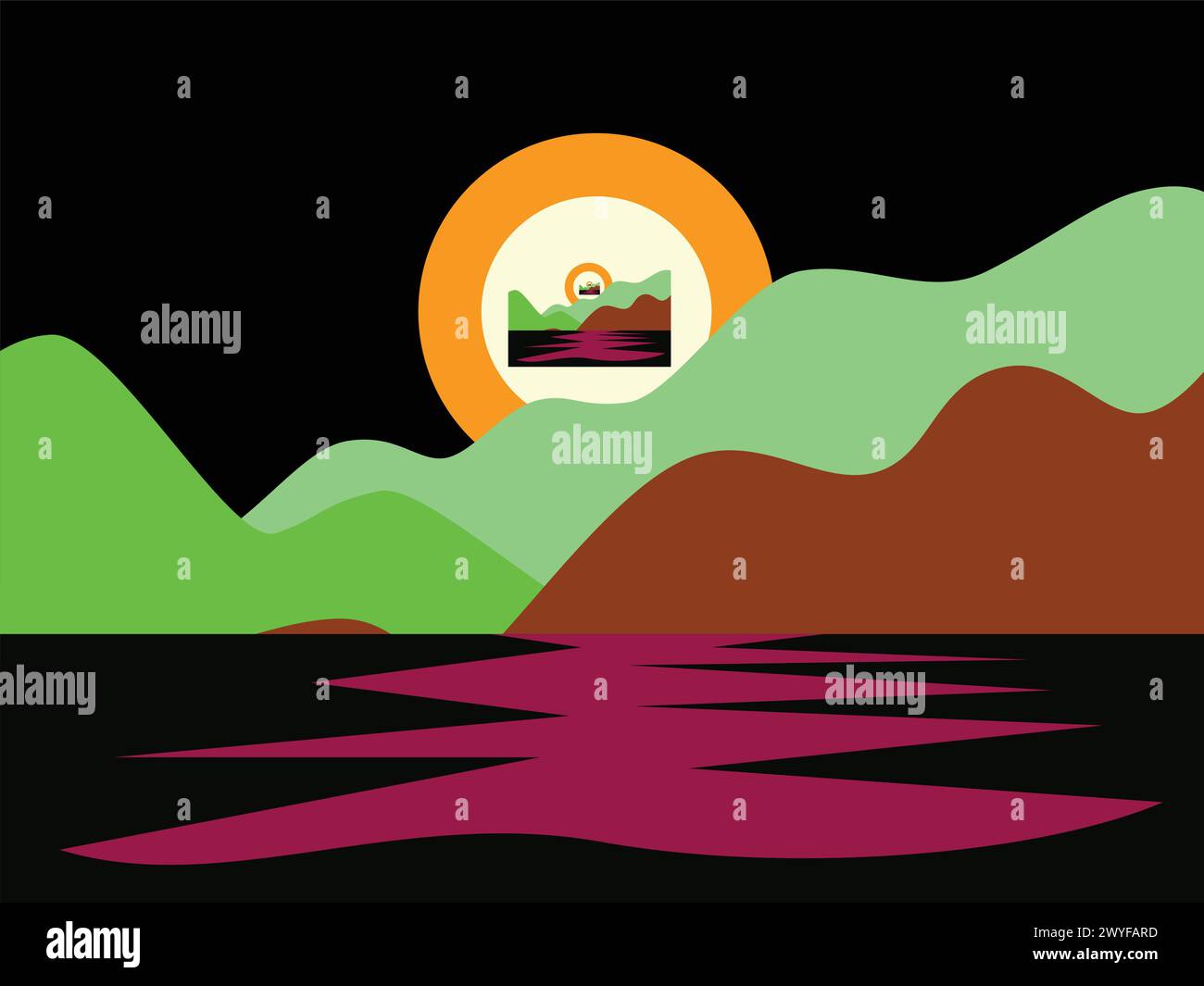 Landscape with river and mountains in flat style. Vector illustration ...