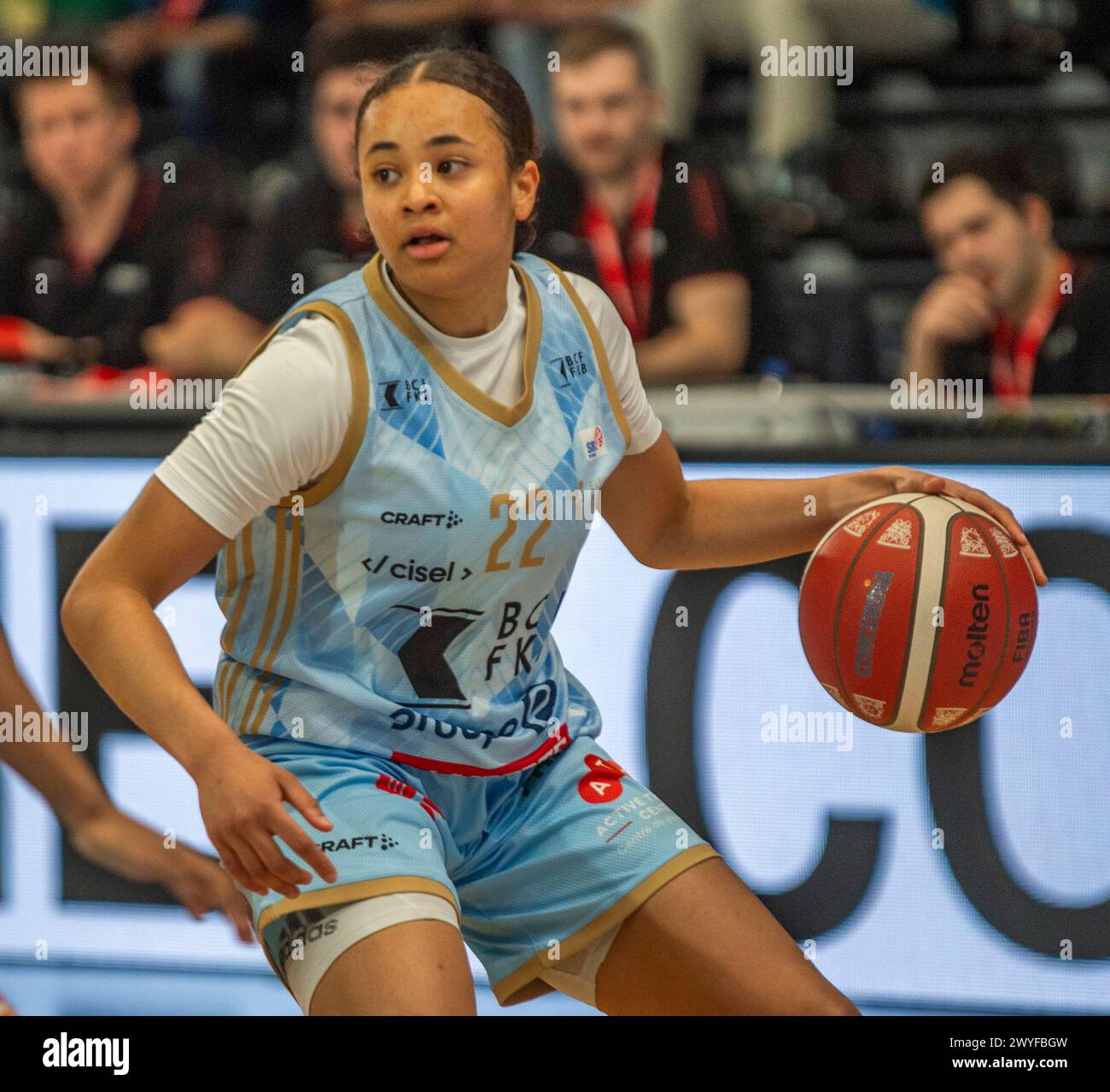 Fribourg, Fribourg, Switzerland. 6th Apr, 2024. Fribourg Switzerland, 04/06/2024: NAOMI TAKYI of BCF Elfic Fribourg #22 is in action during Patrick Baumann Swiss Cup. Patrick Baumann Swiss Cup took place at Saint-Leonard hall in Fribourg. BCF Elfic Fribourg wins 78-61. (Credit Image: © Eric Dubost/ZUMA Press Wire) EDITORIAL USAGE ONLY! Not for Commercial USAGE! Credit: ZUMA Press, Inc./Alamy Live News Stock Photo
