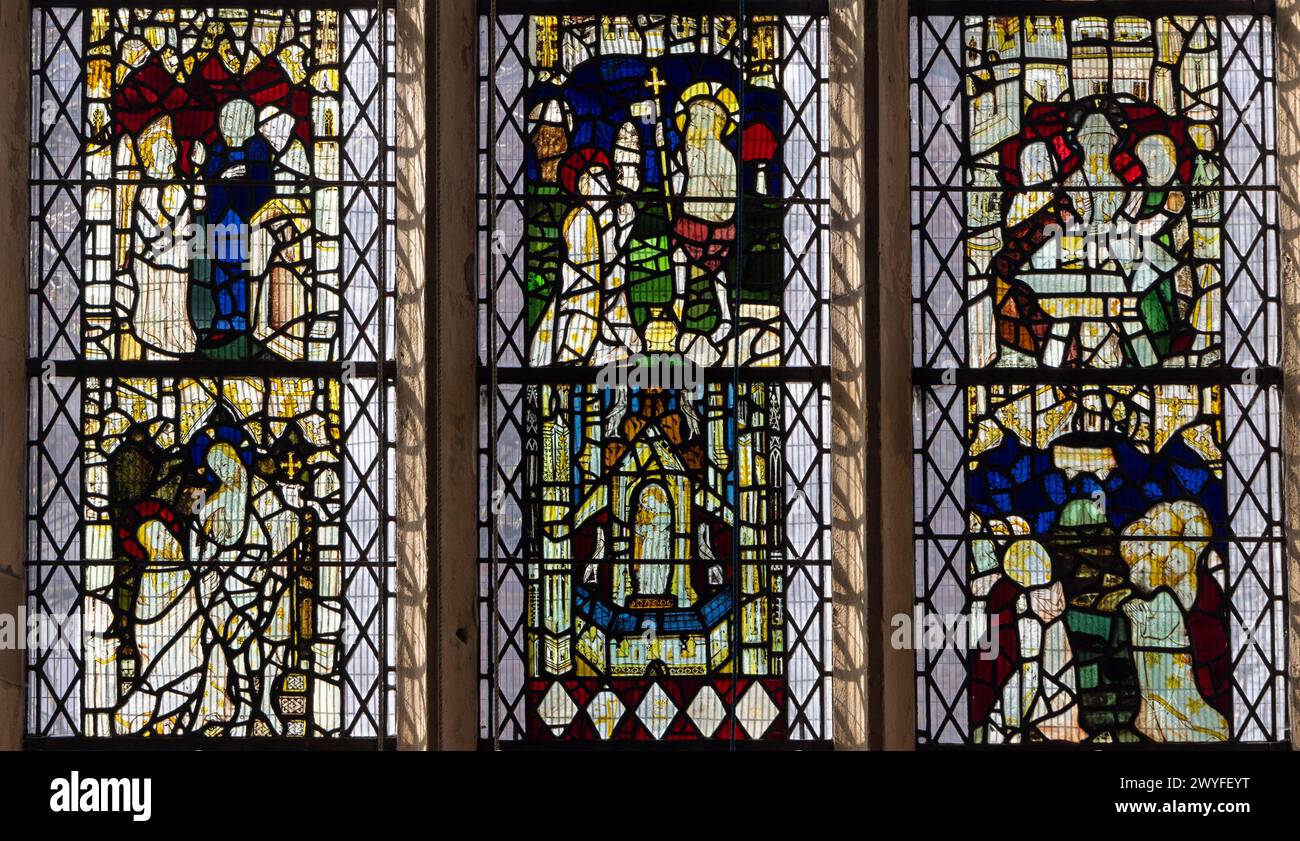 late 14th century stained glass, west wind, reassembled from the nearby St Saviour’s, now a redundant church, All Saints’ Church, Pavement, York, UK Stock Photo