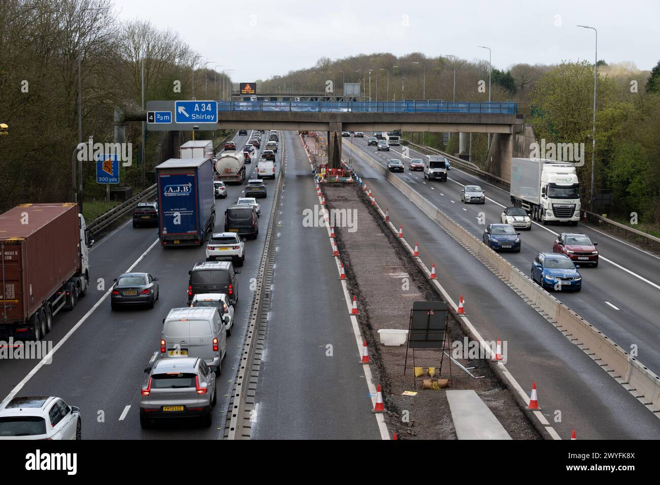 M42 motorway during central reserve upgrading, Widney Manor, West Midlands, England, UK Stock Photo