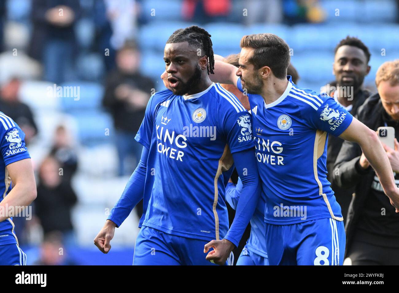 Stephy Mavididi of Leicester City celebrates victory with Harry Winks of Leicester City during the Sky Bet Championship match between Leicester City and Birmingham City at the King Power Stadium, Leicester on Saturday 6th April 2024. (Photo: Jon Hobley | MI News) Credit: MI News & Sport /Alamy Live News Stock Photo