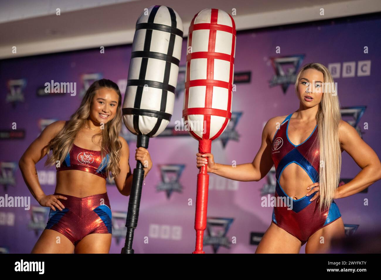 Gladiators at The Trafford Centre, Manchester.  PIC shows L-R: Dynamite (Emily Steel) and Diamond (Livi Sheldon). Stock Photo