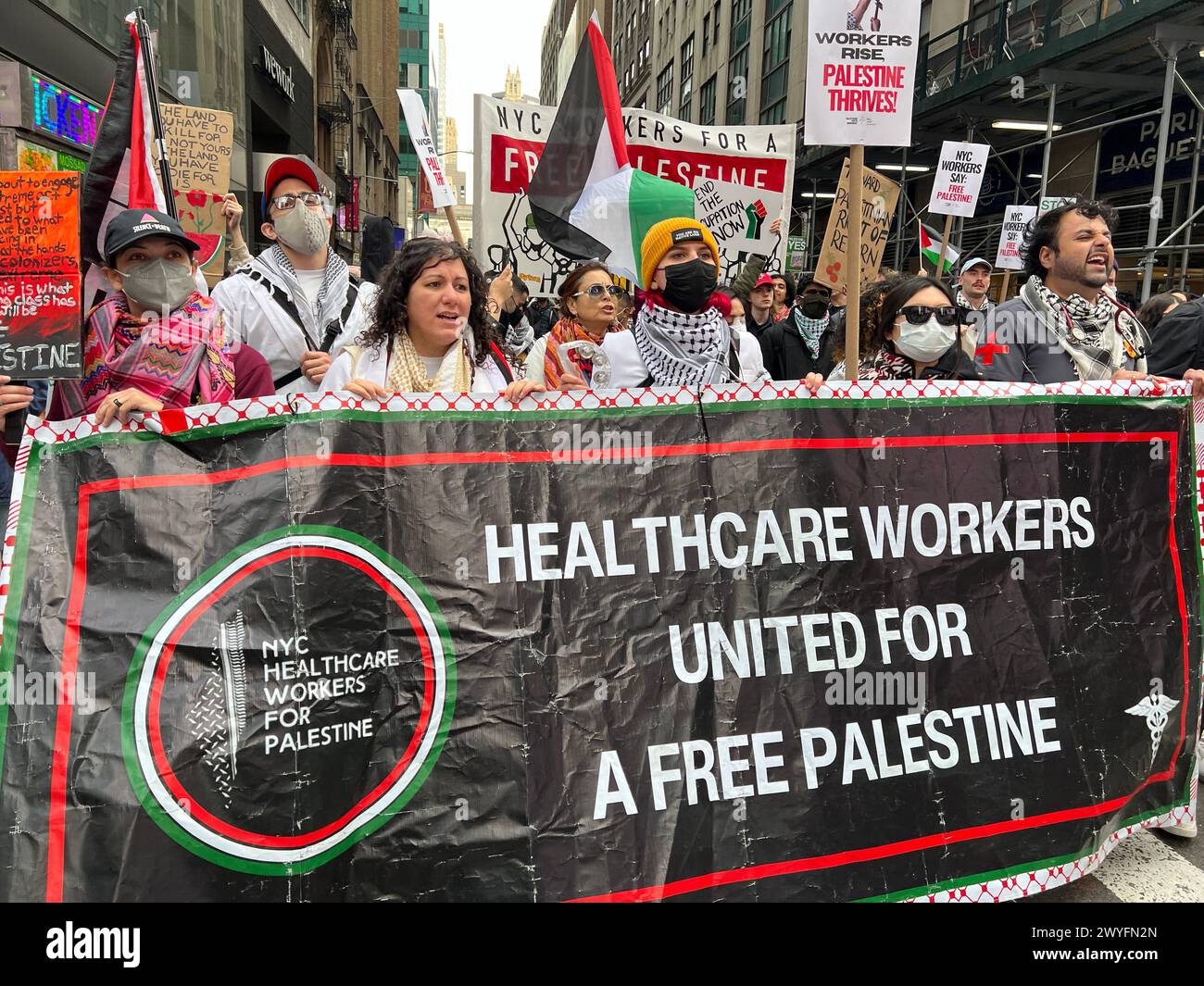 Free Gaza; Cease Fire Now demonstration in Times Square; held on March 30th known as Land Day or Day of the Land. Stock Photo