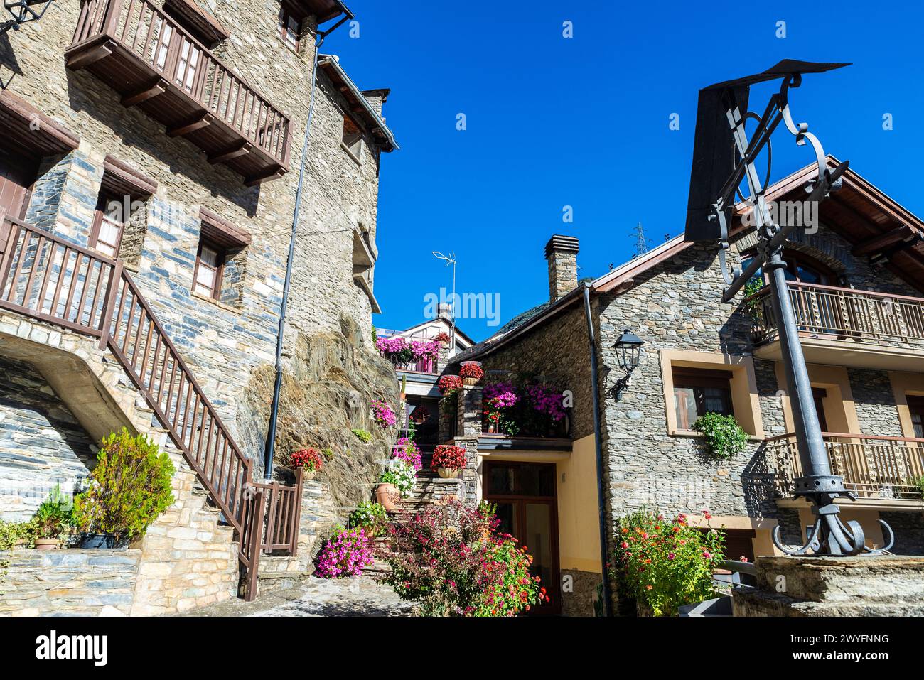 Facade of a typical house of the rustic village of Llavorsi, Lleida, Catalonia, Spain Stock Photo