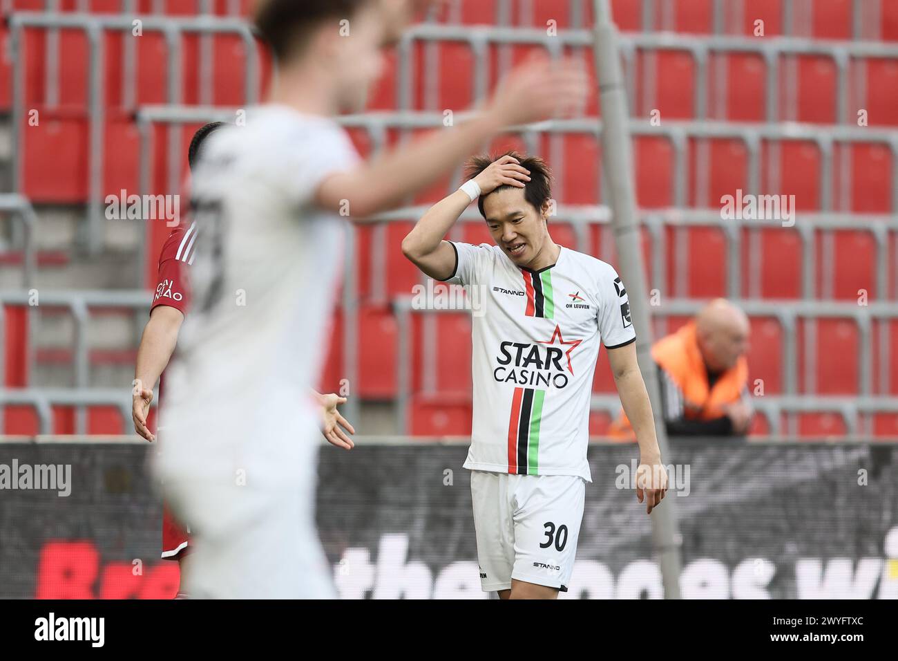 OHL's Takahiro Akimoto reacts during a soccer match between Standard de