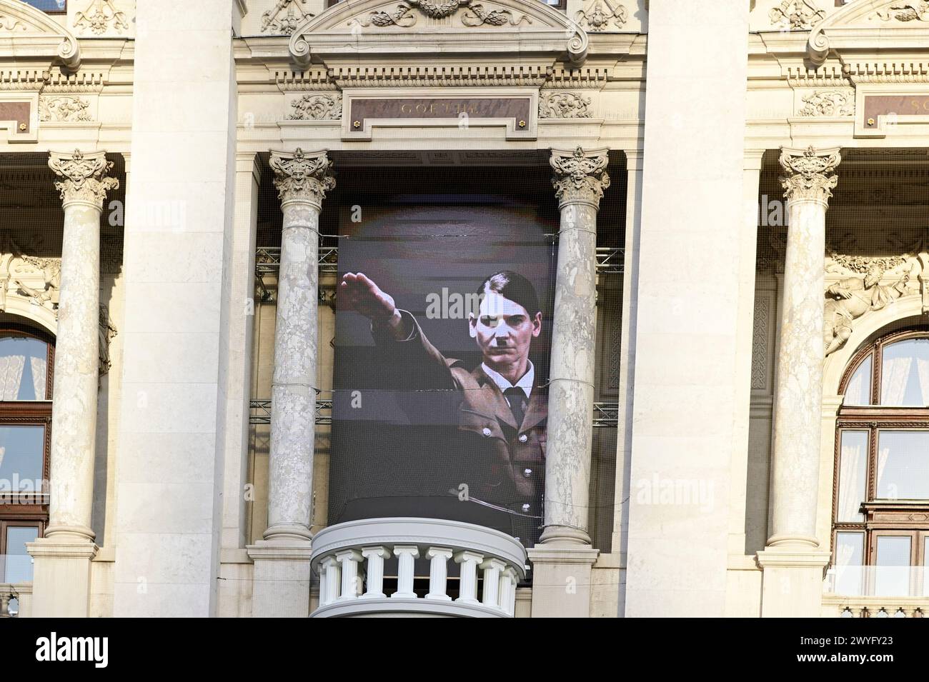 Vienna, Austria. 06th Apr, 2024. The Vorarlberg artist and musician Wolfgang Flatz adapted Hitler's Pearl Speech from 1938 for an action in and in front of the Burgtheater in Vienna.  Credit: Franz Perc/Alamy Live News Stock Photo