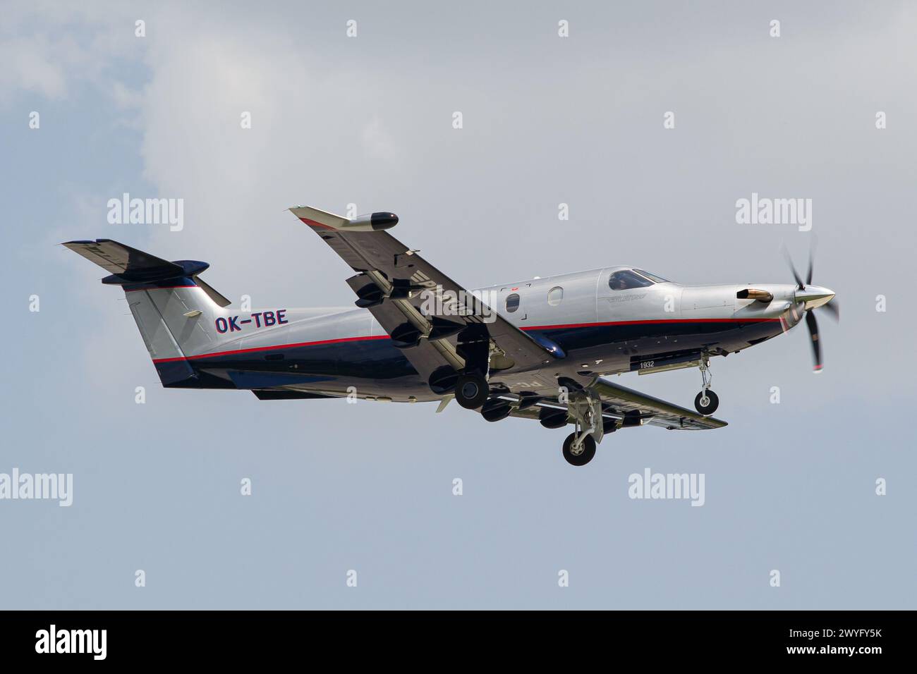Private Pilatus PC-12 aircraft taking off from Lviv Stock Photo