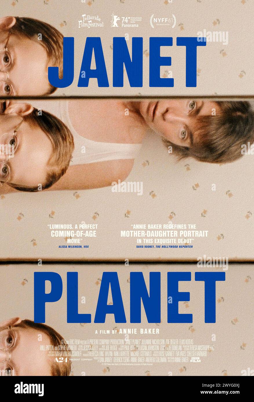 Janet Planet (2023) directed by Annie Baker and starring Julianne Nicholson, Zoe Ziegler, Luke Philip Bosco and June Walker Grossman. 11-year-old Lacy spends the summer of 1991 at home, enthralled by her own imagination and the attention of her mother, Janet. As the months pass, three visitors enter their orbit, all captivated by Janet. US one sheet poster.***EDITORIAL USE ONLY*** Credit: BFA / A24 Stock Photo