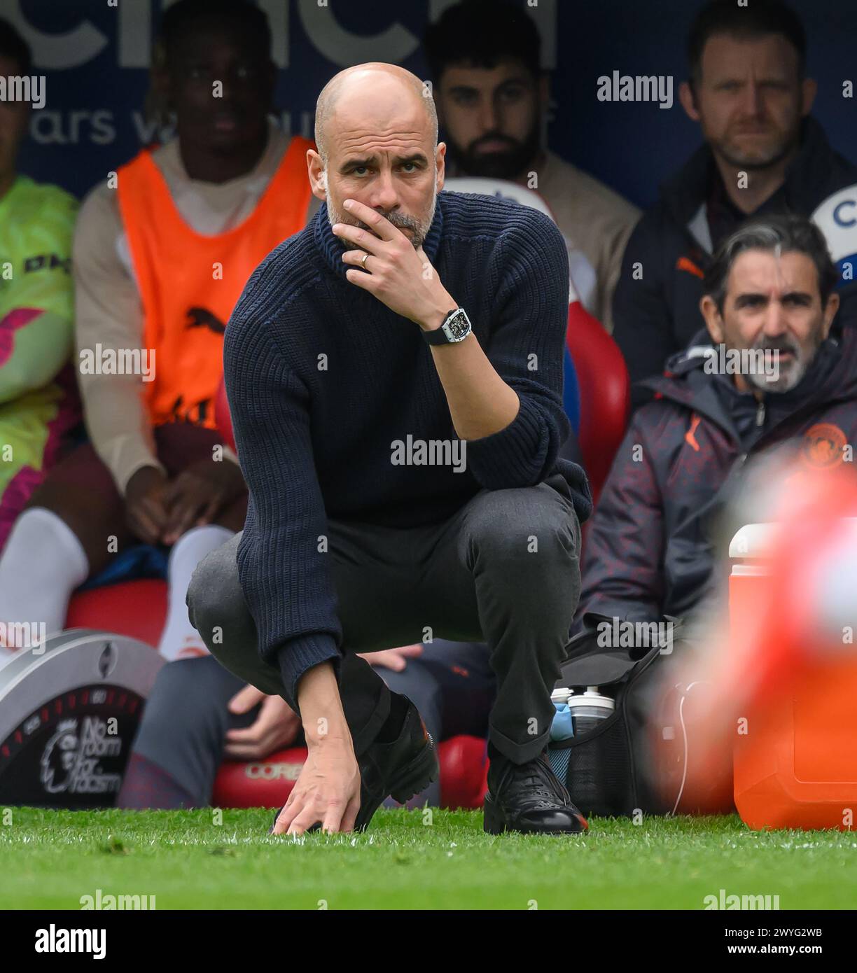 London, UK. 06th Apr, 2024 - Crystal Palace v Manchester City - Premier League - Selhurst Park.                                                                          Pep Guardiola on the touchline against Crystal Palace.                    Picture Credit: Mark Pain / Alamy Live News Stock Photo
