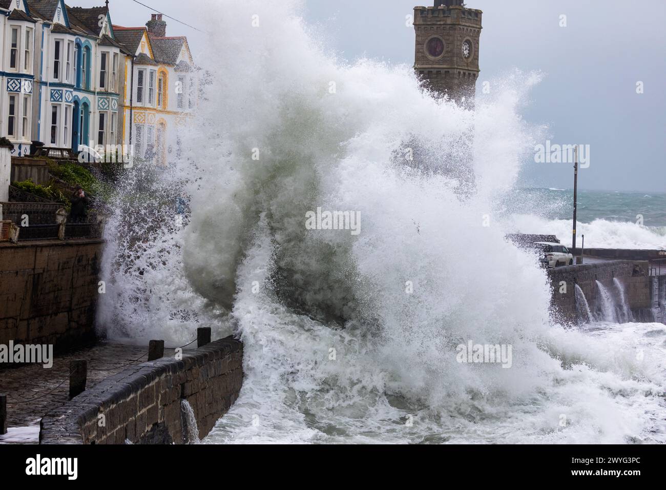 Porthleven, Cornwall,6th April 2024, Storm Kathleen hit which is crossing the South West, caused large waves and stormy seas in Porthleven, Cornwall. The Temperature was 13C and the forecast is for the gusty winds to continue all day. Credit: Keith Larby/Alamy Live News Stock Photo