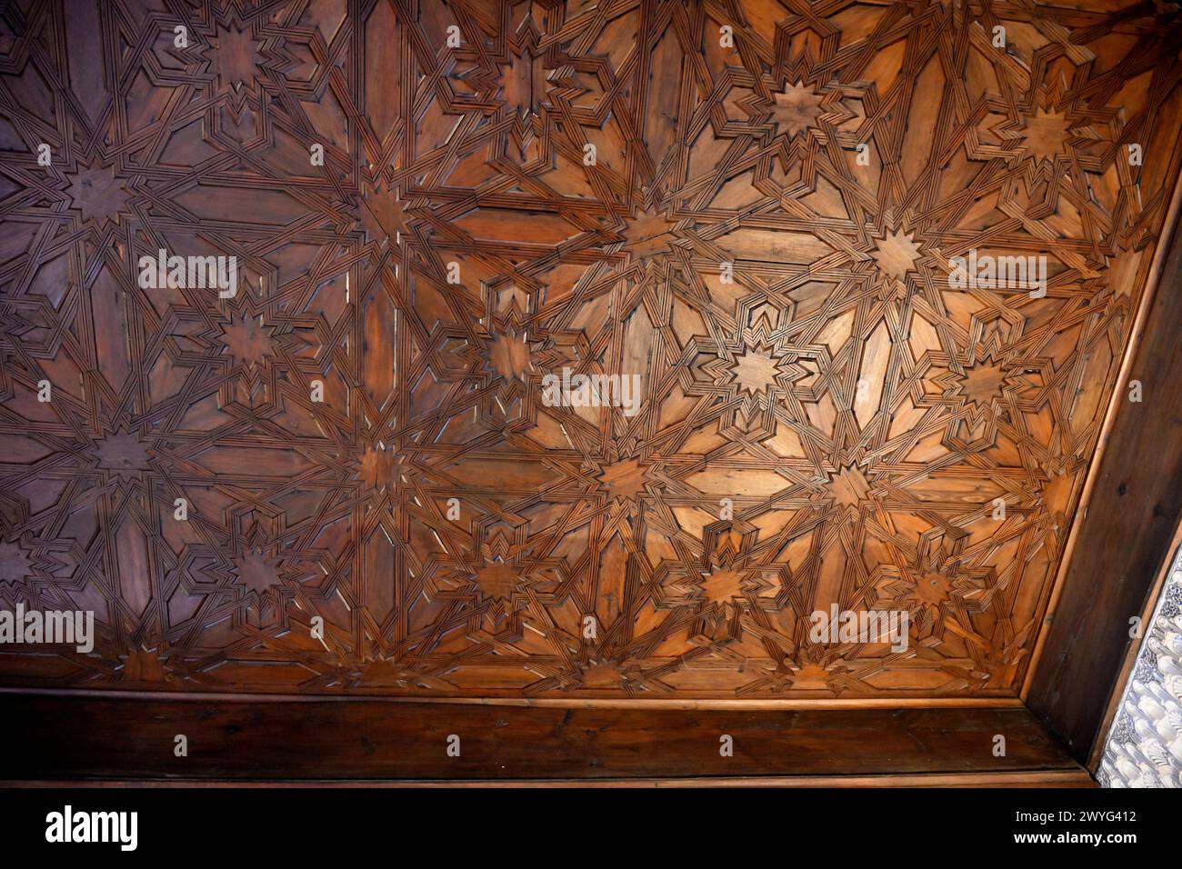 Ornate wooden ceiling in the Nasrid Palace Alhambra, Opulent Moorish-style of  Alhambra UNESCO world heritage site Granada, Andalusia, Spain Stock Photo