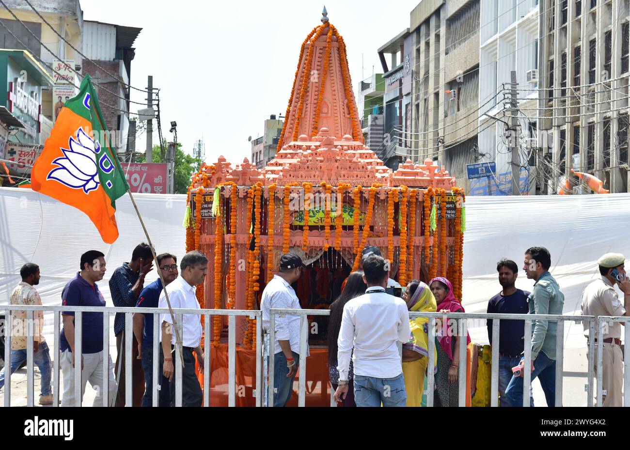 GHAZIABAD, INDIA - APRIL 6: Tableaux of Ram temple made in Prime Minister Narendra Modi's road show on Ghaziabad Ambedkar Road on April 6, 2024 in Ghaziabad, India. Holding the party symbol 'lotus', PM Modi waved at the cheering crowd who greeted the four leaders with the slogans of 'Abki baar 400 paar' (400-plus seats for NDA this time), 'Har Har Modi' and 'Jai Shri Ram'. BJP first Lok Sabha election roadshow in Uttar Pradesh, canvassing support for the BJP's Ghaziabad candidate Atul Garg, who has been fielded in place of two-time MP and Union minister V K Singh. (Photo by Sakib Ali/Hindustan Stock Photo