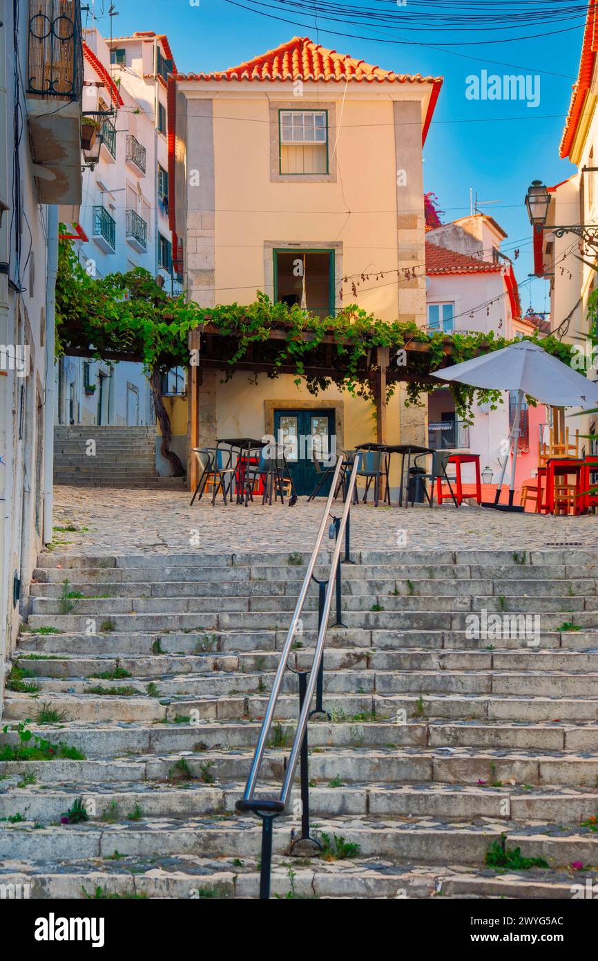Outdoor Restaurant With Grape Trellis in Alfama District, Lisbon, Portugal Stock Photo