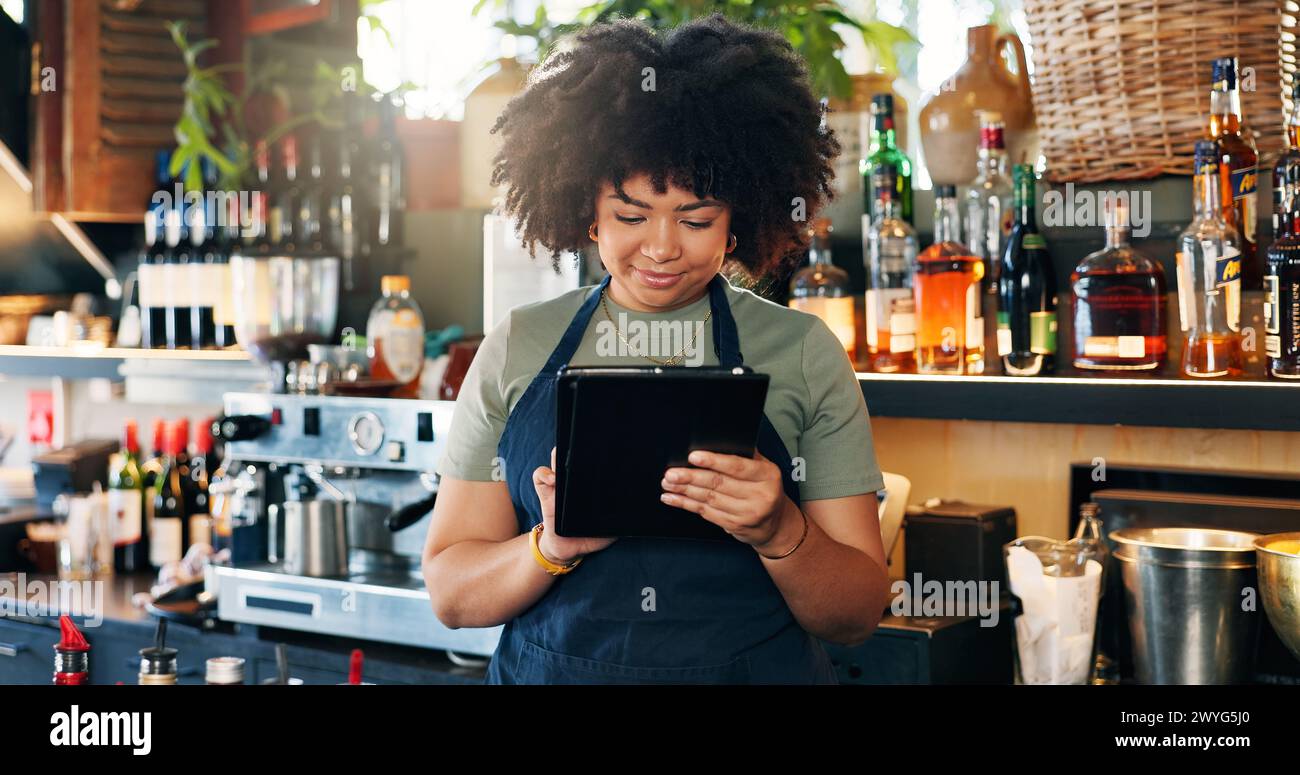 Tablet, restaurant bartender and happy woman typing checklist for ...