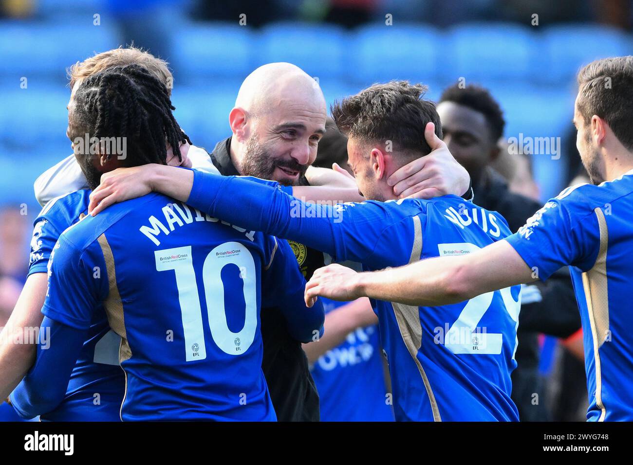 Enzo Maresca, manager of Leicester City celebrates victory with Yunus Akgun of Leicester City during the Sky Bet Championship match between Leicester City and Birmingham City at the King Power Stadium, Leicester on Saturday 6th April 2024. (Photo: Jon Hobley | MI News) Credit: MI News & Sport /Alamy Live News Stock Photo