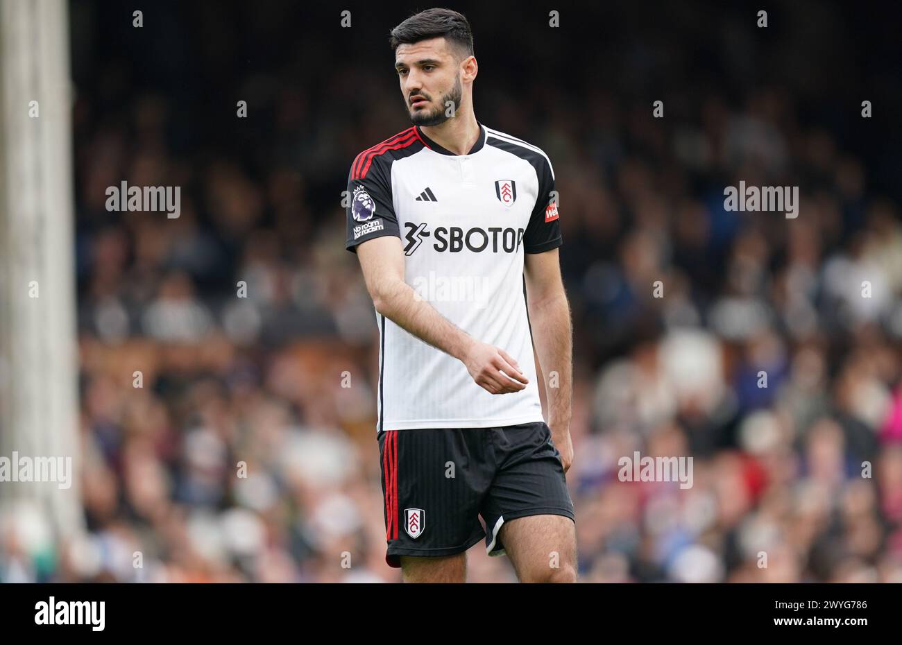 LONDON, ENGLAND - APRIL 6: Armando Broja of Fulham during the Premier League match between Fulham FC and Newcastle United at Craven Cottage on April 6, 2024 in London, England.(Photo by Dylan Hepworth/MB Media) Stock Photo