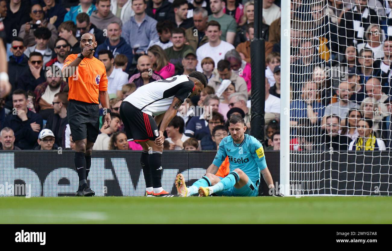 LONDON, ENGLAND - APRIL 6: Martin Dúbravka of Newcastle United down with an injury during the Premier League match between Fulham FC and Newcastle United at Craven Cottage on April 6, 2024 in London, England.(Photo by Dylan Hepworth/MB Media) Stock Photo