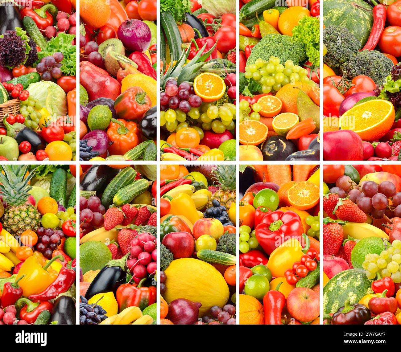 Background of bright vegetables and fruits separated by vertical lines. Stock Photo