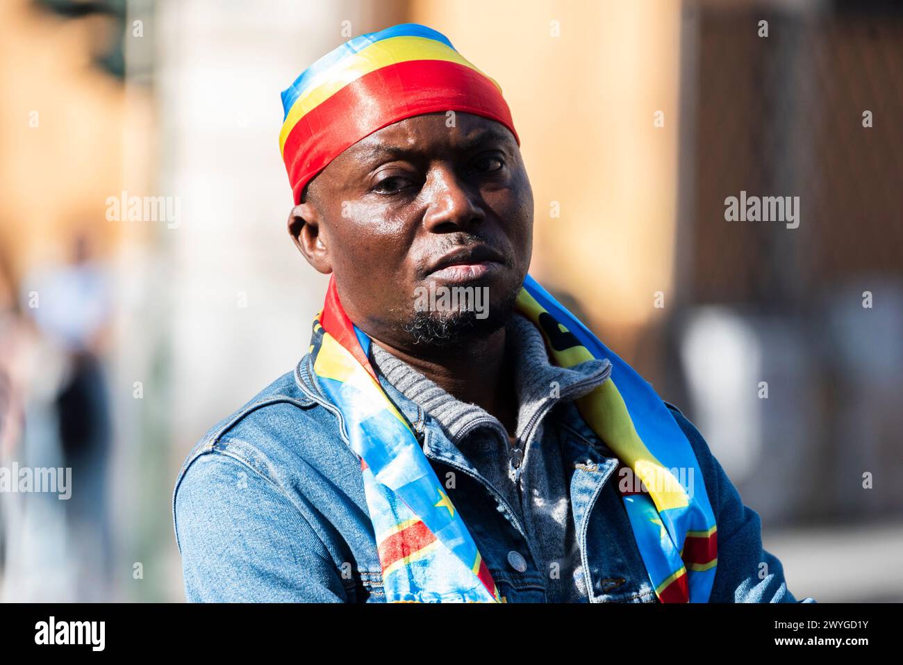 Demo of the Free African Movement to denounce the genocide in Congo in the photo person with Congo Flag.Editorial Usage Only! Not for Commercial Usage! Stock Photo