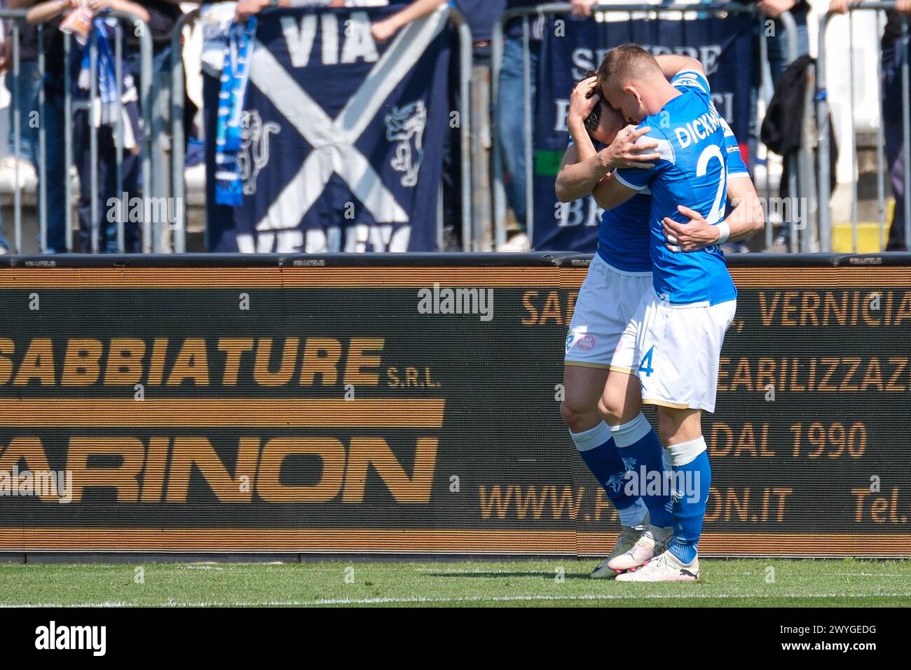 Exultation of Gabriele Moncini of Brescia Calcio FC and Lorenzo Maria Dickmann of Brescia Calcio FC during the Italian Serie B soccer championship mat Stock Photo