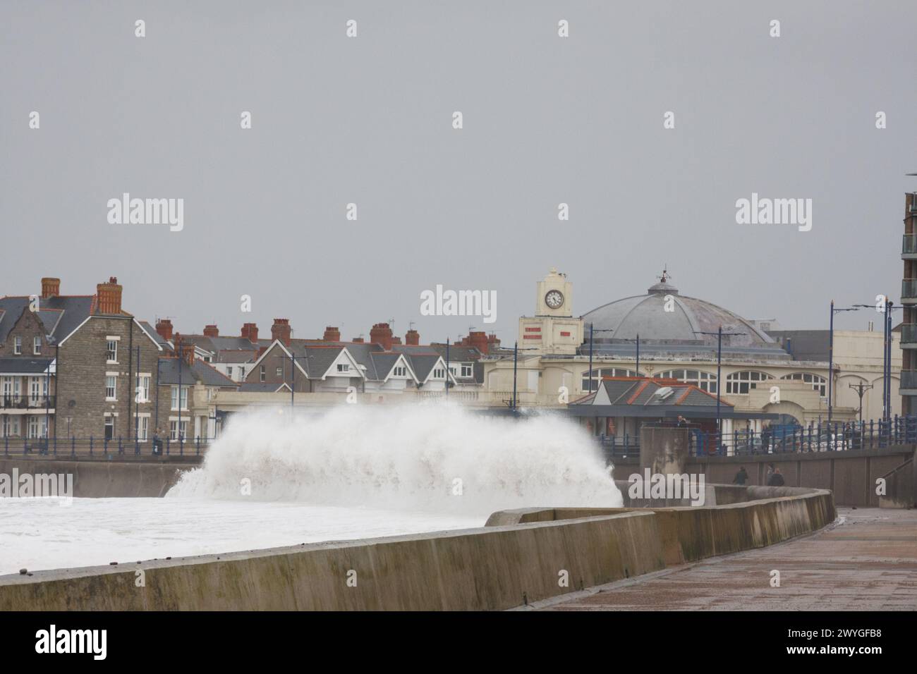 Porthcawl, South Wales, UK.  6 April '24.  UK weather: Enormous waves along the coast this afternoon, caused by Storm Kathleen.  Credit: Andrew Bartlett/Alamy Live News Stock Photo