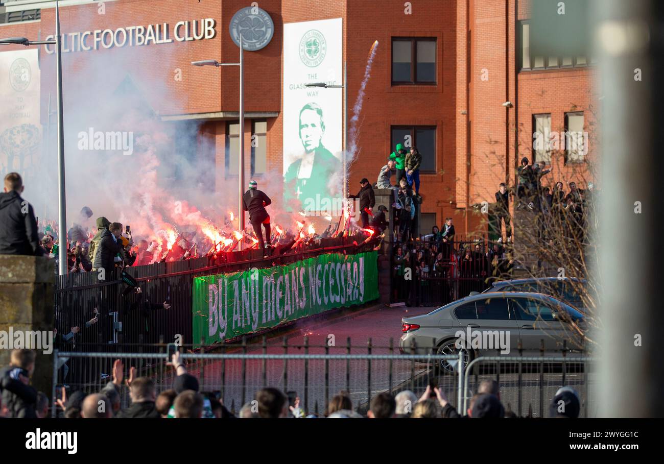 6th April 2024; Celtic Park, Parkhead, Glasgow, Scotland: Celtic supporters let off fireworks and flares as the team leaves for the Old Firm game versus Rangers FC to be held on SUnday 7th April Stock Photo