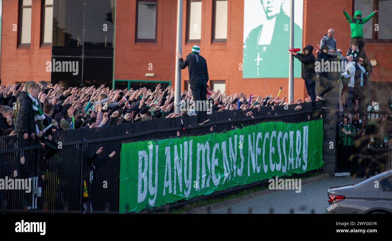 6th April 2024; Celtic Park, Parkhead, Glasgow, Scotland: Celtic fans and banner outside Celtic park as the team leaves for the Old Firm game versus Rangers FC to be held on SUnday 7th April Stock Photo