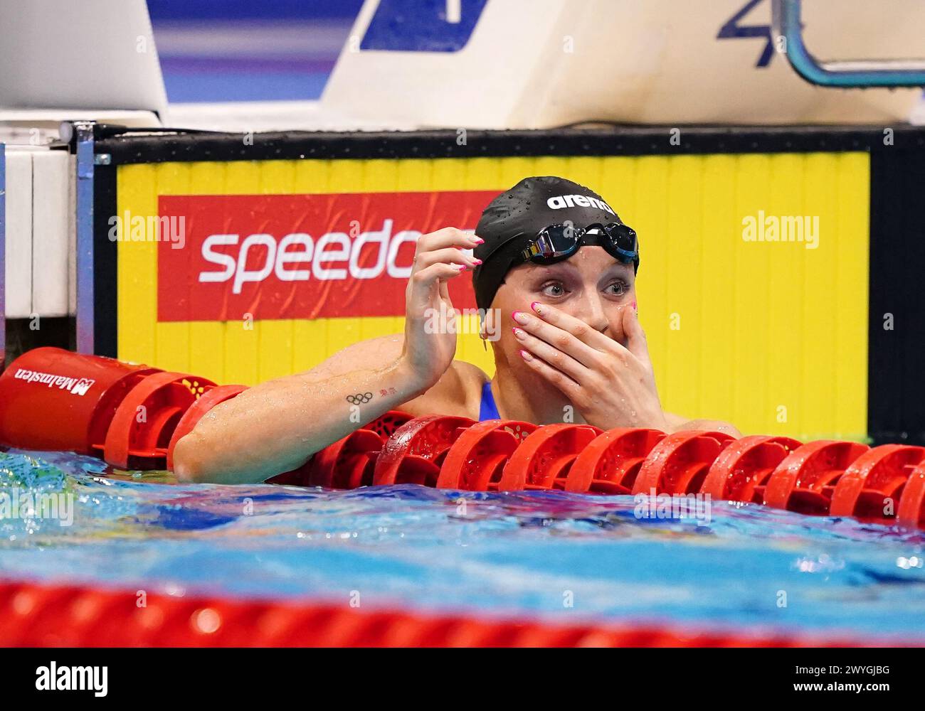 Abbie Wood reacts after winning the Women's 200m IM Final on day five