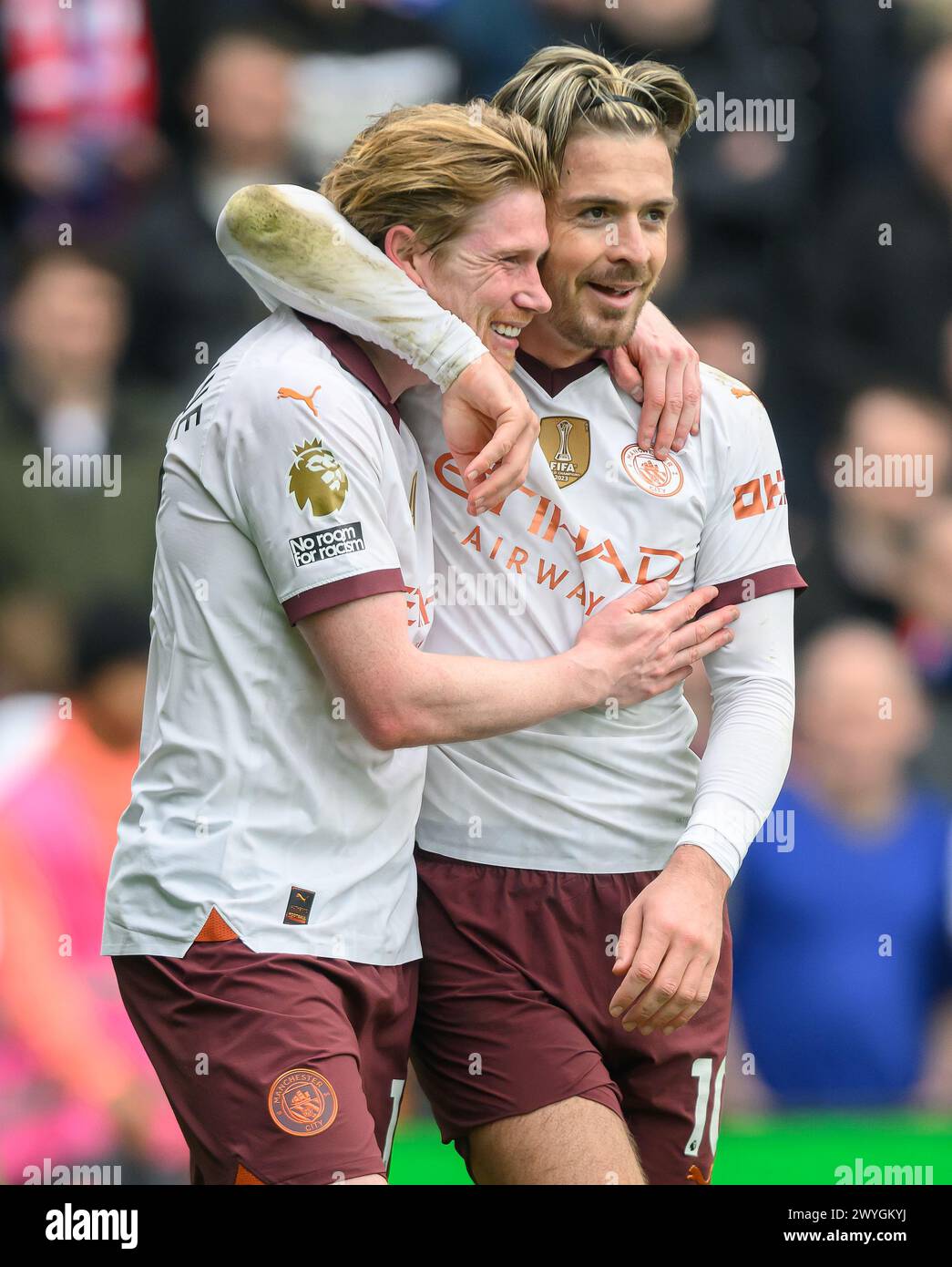 London, UK. 06th Apr, 2024 - Crystal Palace v Manchester City - Premier League - Selhurst Park.                                                                        Kevin De Bruyne celebrates his second goal against Crystal Palace with Jack Grealish.                                                                         Picture Credit: Mark Pain / Alamy Live News Stock Photo