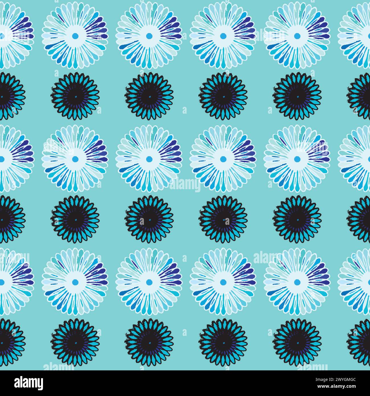 Rows with series of artistic rosette seamless pattern;  vector illustration with rows of blue flowers Stock Vector
