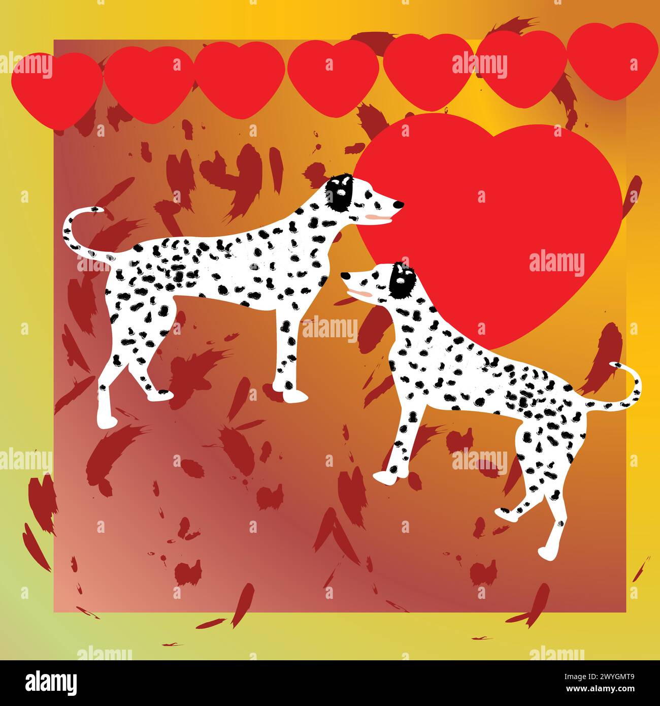 Dalmatian dogs gathered around a big red heart with a heart wreath; colorful card for events with dogs Stock Vector