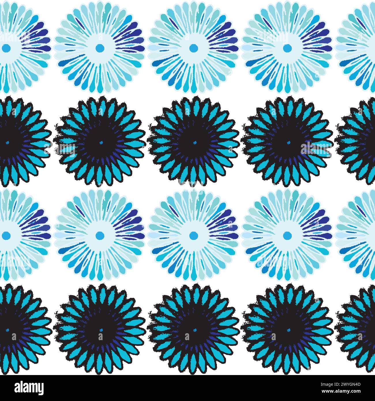 Series of artistic rosette seamless pattern; vector illustration with rows of blue flowers Stock Vector