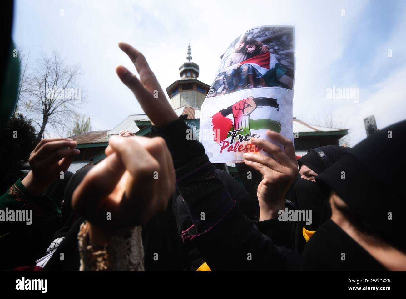 Kashmiri Shiite Muslim women hold banners and placards as they chant ...