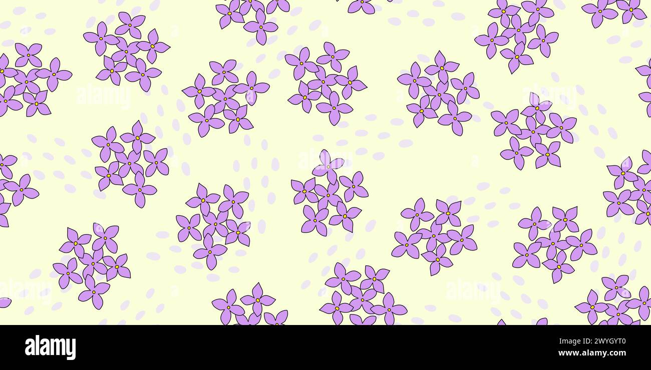 Seamless pattern with lilac, hydrangea or bluet flowers and abstract drops on yellow background, top view, vector illustration Stock Vector