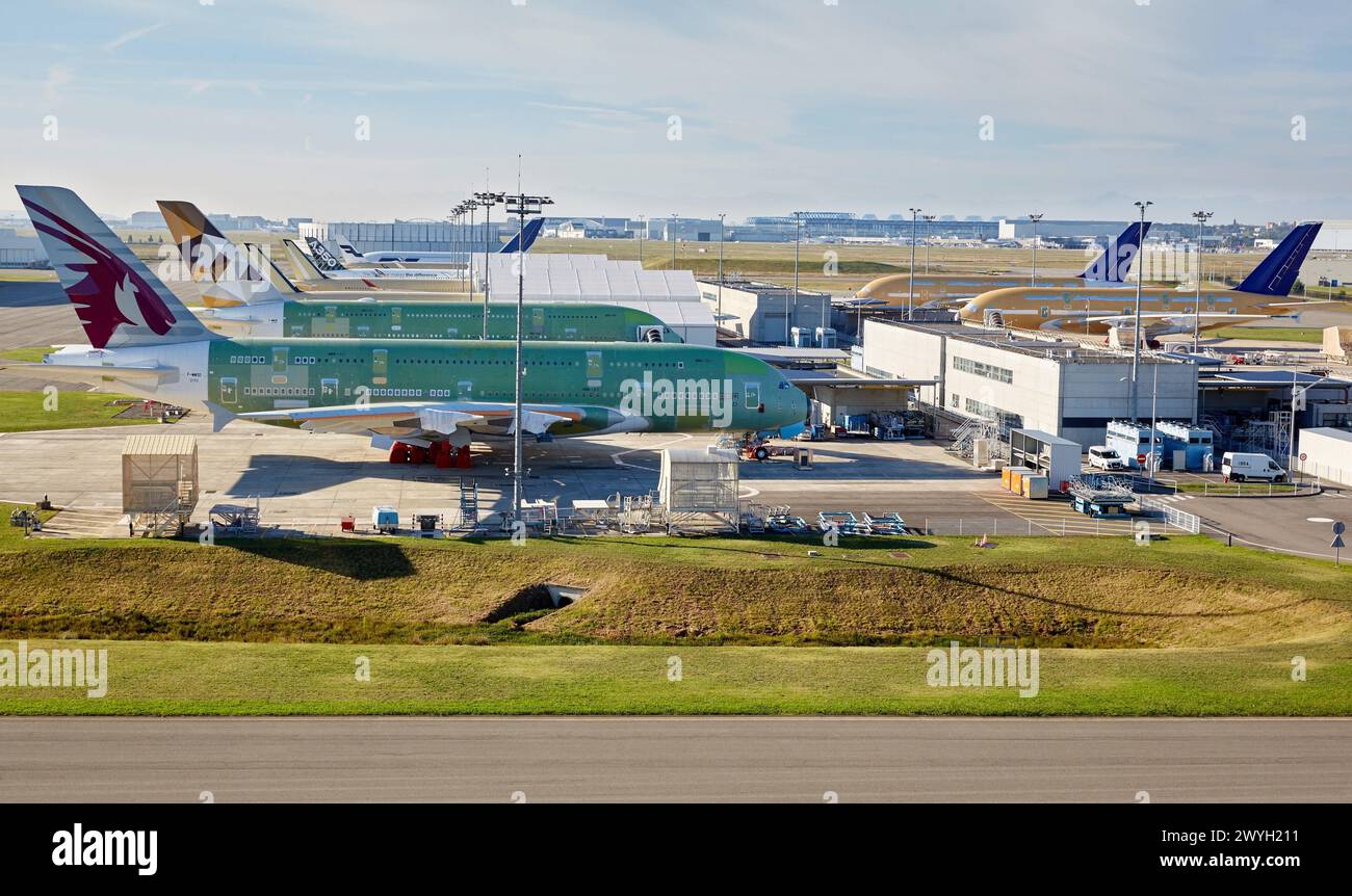 Aircraft construction. Let's visit Airbus. Tour of the AIRBUS A380 assembly factory. Aeroscopia. Toulouse. Haute Garonne. France. Stock Photo