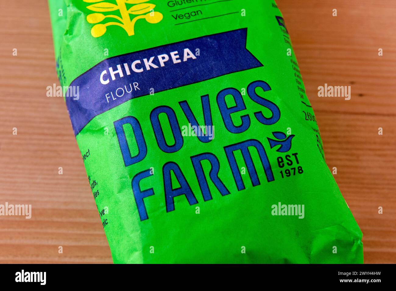 Packet of Doves Farm organic Chickpea Flour on table Stock Photo