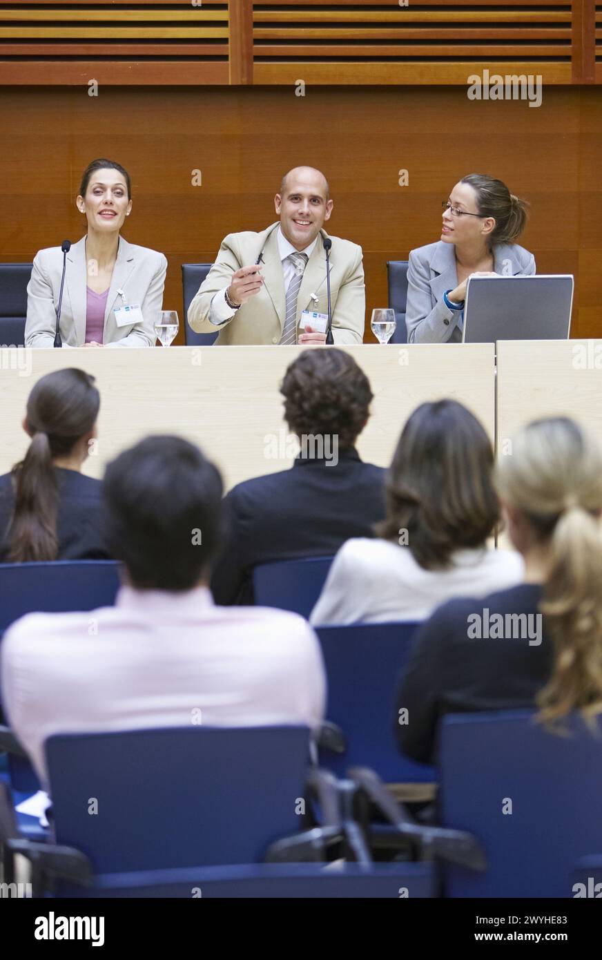 Conventioneers in lecture hall, convention center, Kursaal Center. San Sebastian, Guipuzcoa, Basque Country, Spain. Stock Photo