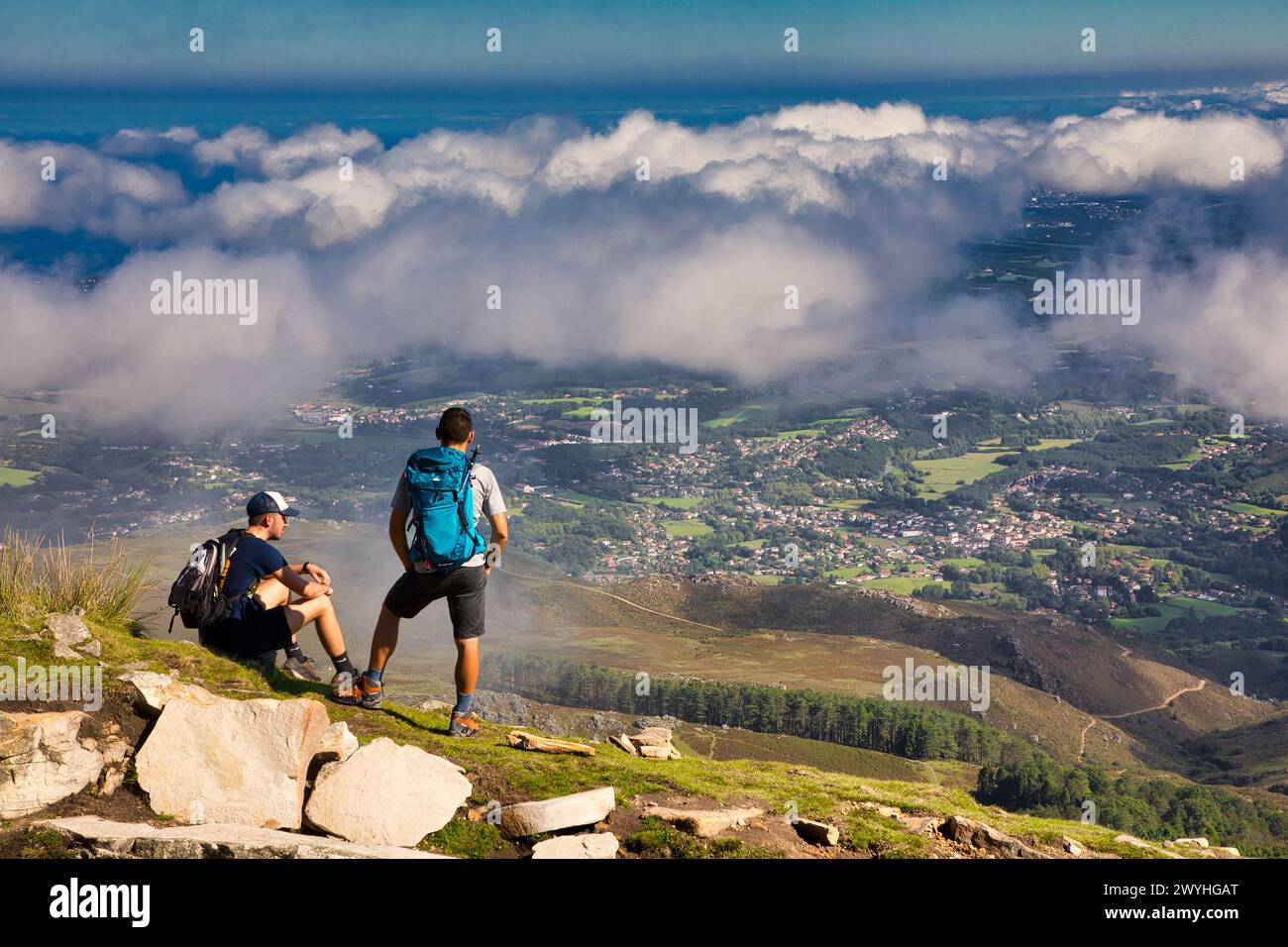 Mountaineers, Larrune mountain, La Rhune, Border between Spain and France, Europe. Stock Photo