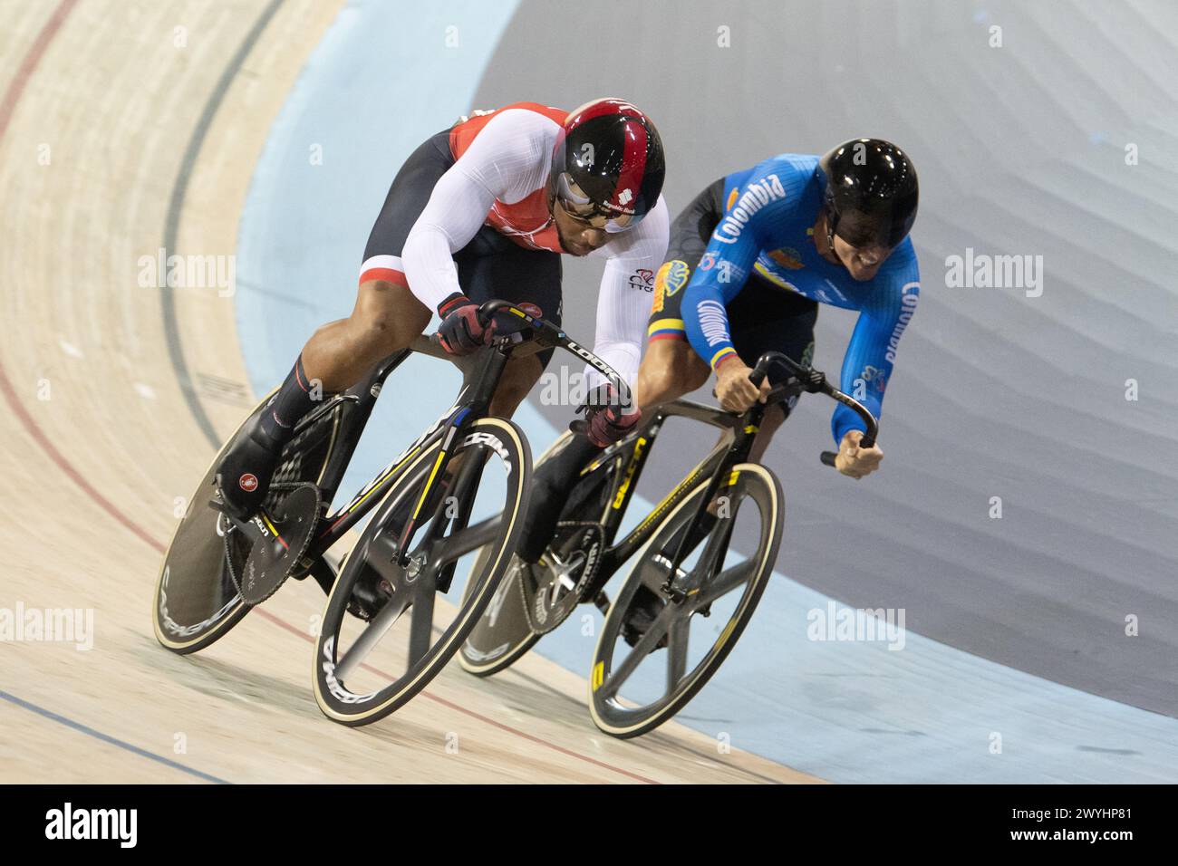 Los Angeles, California, USA. 6th Apr, 2024. Nicholas Paul of Trinidad and Tobago (L) defeats Santiago Ramirez of Colombia(R) in the semifinals of the men's sprint. Credit: Casey B. Gibson/Alamy Live News Stock Photo