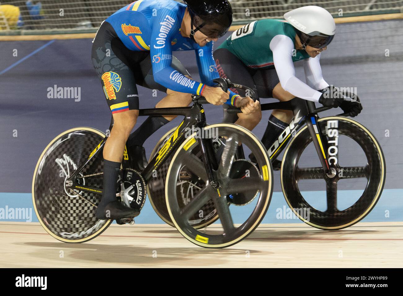 Los Angeles, California, USA. 6th Apr, 2024. Santiago Ramirez of Colombia(L) comes from behind to win the bronze medal race in the men's sprint over Jai Tjon En Fa of Suriname. Credit: Casey B. Gibson/Alamy Live News Stock Photo