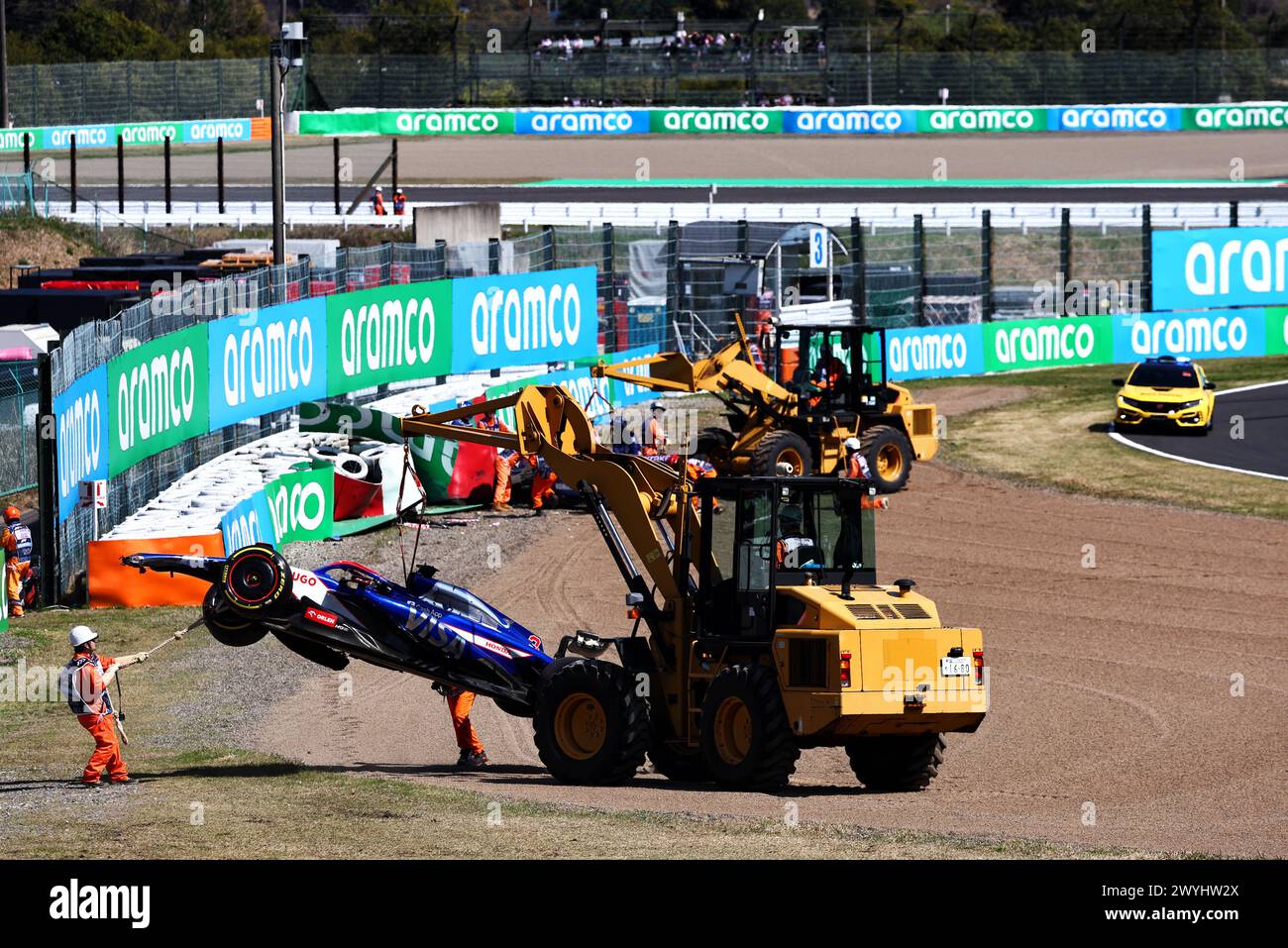 Suzuka, Japan. 07th Apr, 2024. The RB VCARB 01 of Daniel Ricciardo (AUS) RB is removed after he crashed out of the race. 07.04.2024. Formula 1 World Championship, Rd 4, Japanese Grand Prix, Suzuka, Japan, Race Day. Photo credit should read: XPB/Alamy Live News. Stock Photo