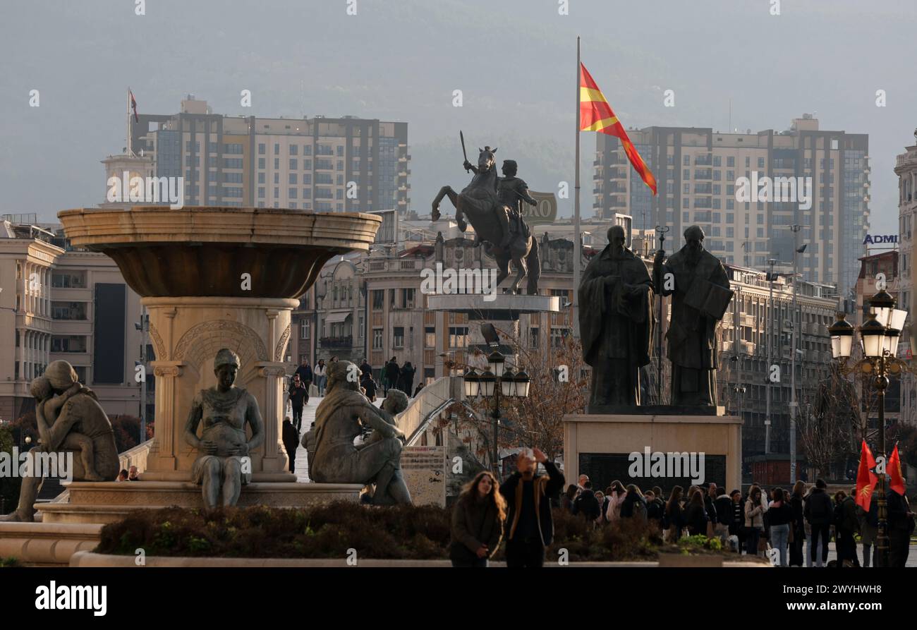 Everyday life in the downtown of the capital of the Republic of North Macedonia, Skopje.The statue of Alexander the Great. Stock Photo