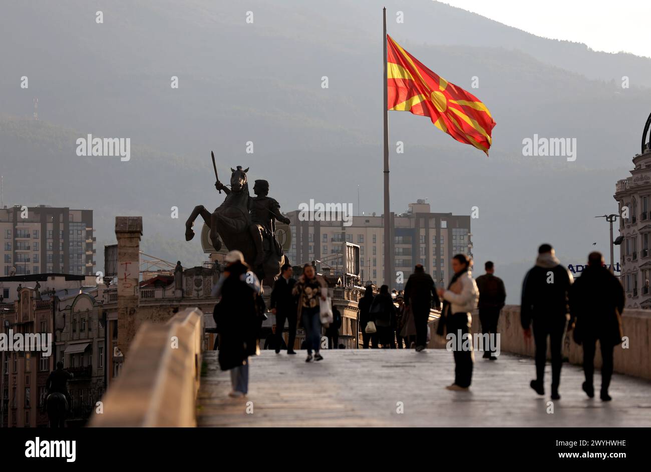 Everyday life in the downtown of the capital of the Republic of North Macedonia, Skopje.The statue of Alexander the Great. Stock Photo