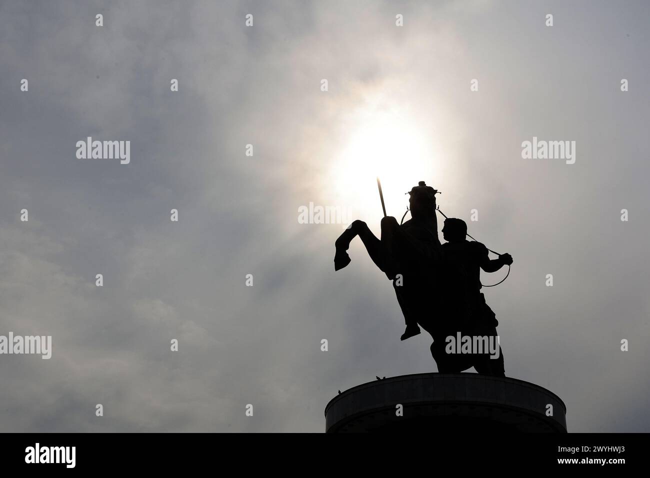 Everyday life in the downtown of the capital of the Republic of North Macedonia, Skopje. The statue of Alexander the Great. Stock Photo