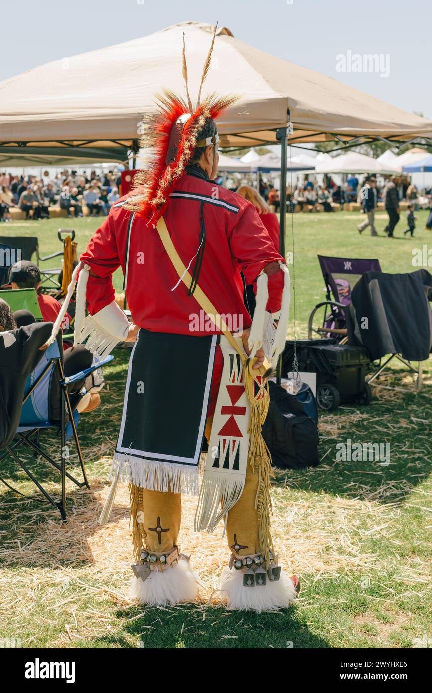 Malibu, California. April 6, 2024.  Powwow. Native Americans dressed in full regalia. Details of regalia close up. Chumash Day Powwow and Intertribal Stock Photo
