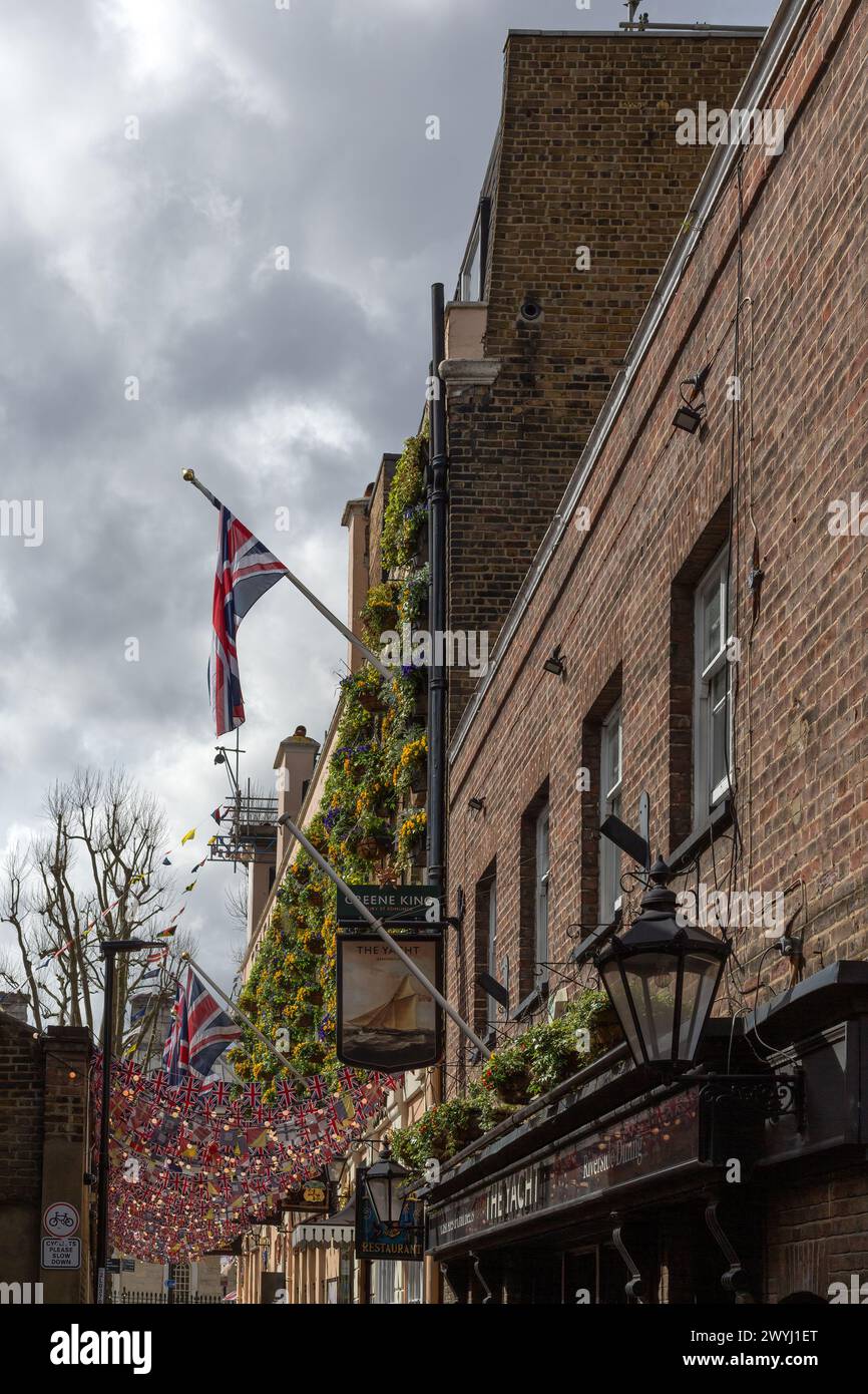 LONDON, UK APRIL 02, 2024 Exterior view of The Yacht Pub in Crane