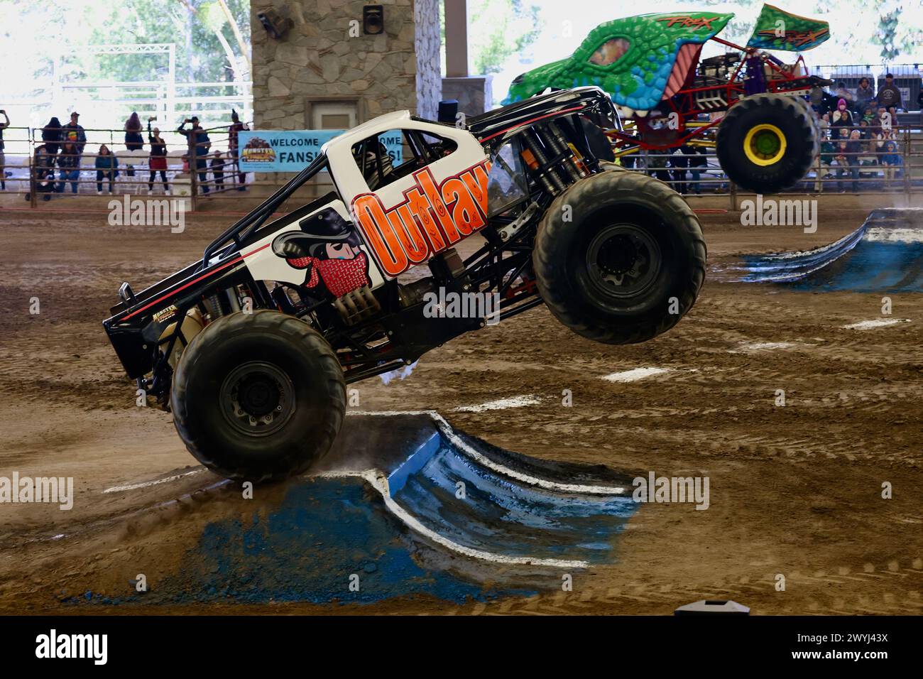 Los Angeles, USA. 7th Apr, 2025. Monster trucks compete during a